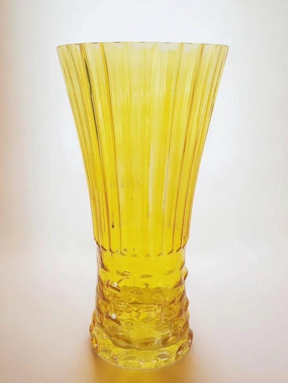 Vintage Amber Glass Fluted Vase Scalloped Rim Mid-Century Style 12” Tall Texture